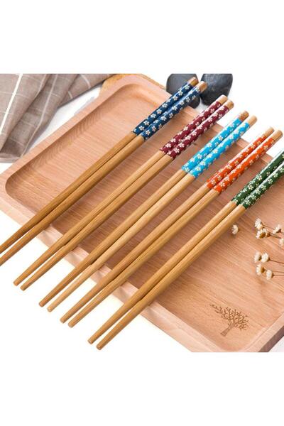 optana 5 Çift Chopstick Yıkanabilir Desenli Bambu Yemek Sushi Çubuk