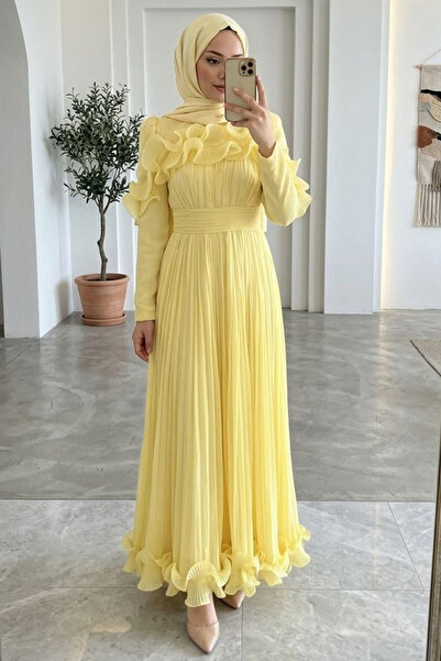 N.S NEVA STYLE Fırfır Detaylı Sarı Tesettür Abiye Elbise 55691SR