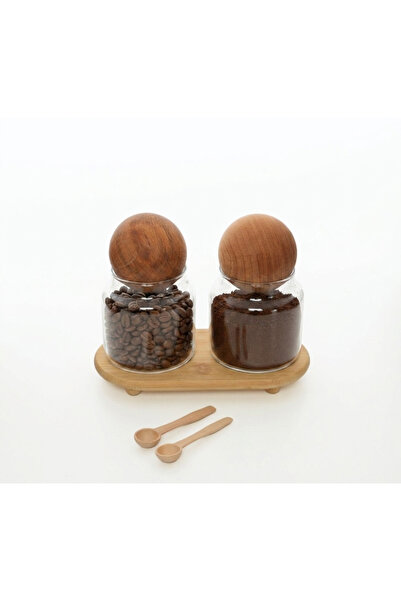 ÖZ HOME 2-Piece Glass Coffee Jar with Wooden Ball Lid and Stand 635 ml