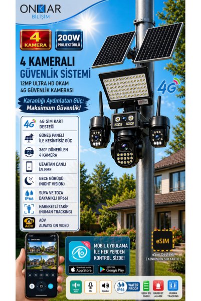 Onkar Bilişim OKAM PRO PREMİUM 4G-334 PROJEKTÖRLÜ 4 KAMERALI 7/24 KAYIT 4G SO...
