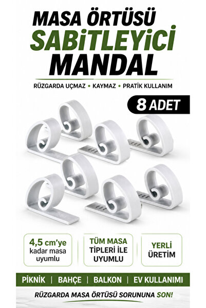 Örtücüm 8'li Masa Örtüsü Tutacağı Yaysız Beyaz Mandal Kayma Önleyici Tutucu S...