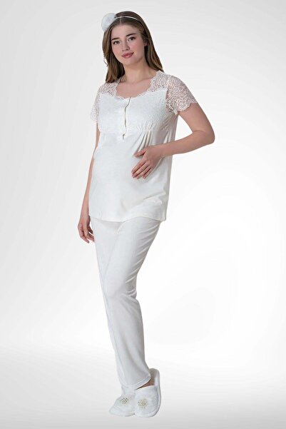 Mecit Pijama Mecit 6009 - Set pijama de maternitate si maternitate ecru