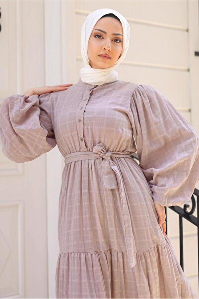 TRENDTESETTÜR Women's Puder Balloon Sleeve Belted Casual Dress t 08002