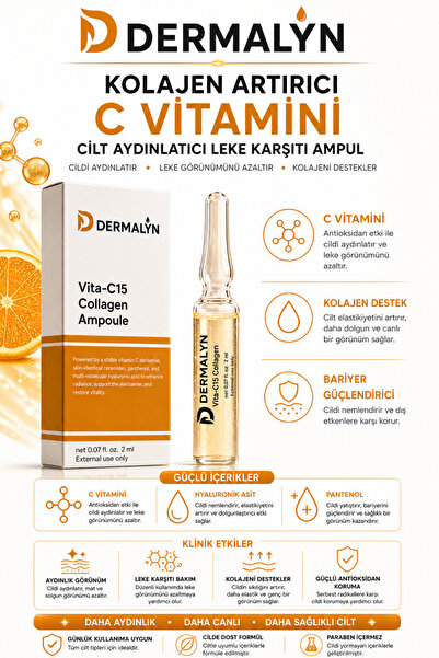 DERMALYN 1 Adet Kolajen Artırıcı C Vitamini Cilt Aydınlatıcı Leke Karşıtı Ampul Serum Dermaroller Dermapen