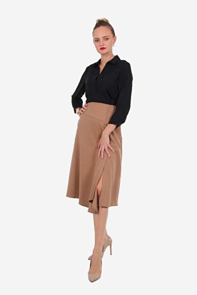 FARREN Kadın Camel Flanel Etek – Yırtmaçlı, Sıcak Doku, Kışlık Şıklık | Frn Line
