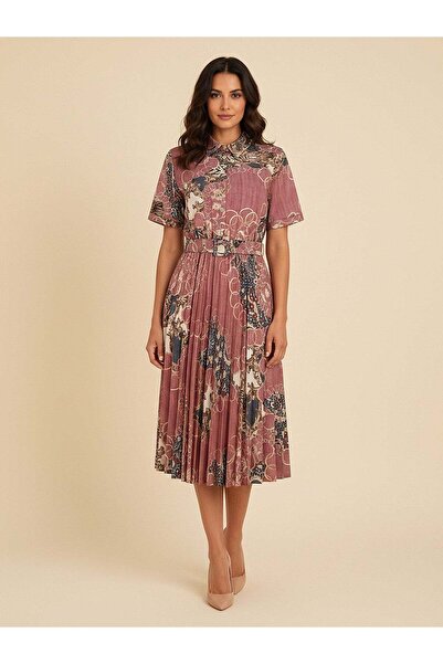 Pink Patterned Midi Dress – Shirt Collar, Belted, Summer Design | Frn Line