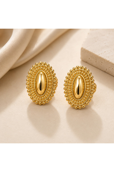 Selay Accessory أقراط بيضاوية عتيقة الطراز - أقراط نسائية أنيقة بلون ذهبي منقوش