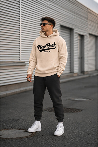 EVIus Set de trening oversize cu glugă, 100% bumbac, imprimat New York, compl...