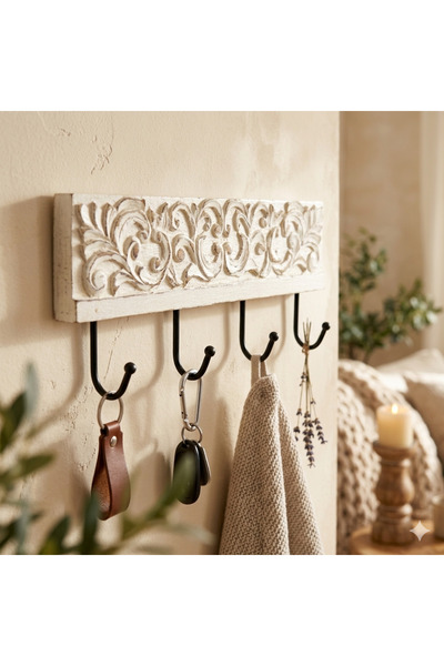 Souq DESIGNS مجموعة من 4 خطافات حائطية - علاقات خشبية بيضاء مزخرفة بنقوش الأك...