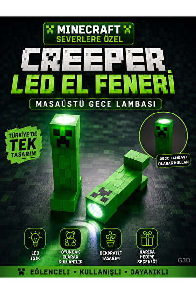 G3D Minecraft Oyuncak El Feneri (Creeper) / Led Işıklı Figür - 11 cm