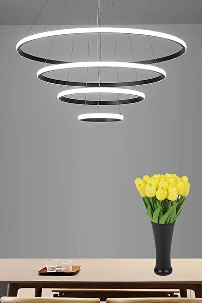 Home LEVENT 4'lü Halka Siyah Kasa Beyaz Led Avize Salon,oturma Odası