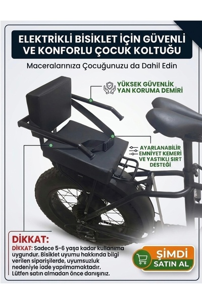 RKS Elektrikli Bisiklet Yan Korumalı Çocuk Koltuğu, Emniyet Kemerli Deri Arka Koltuk, Sele