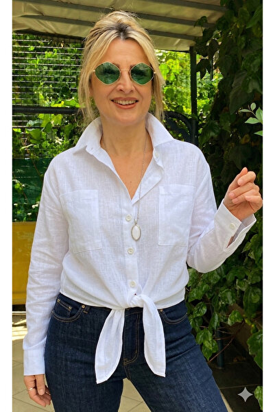 MAABMODA Kadın Keten Beyaz Bağlamalı Gömlek