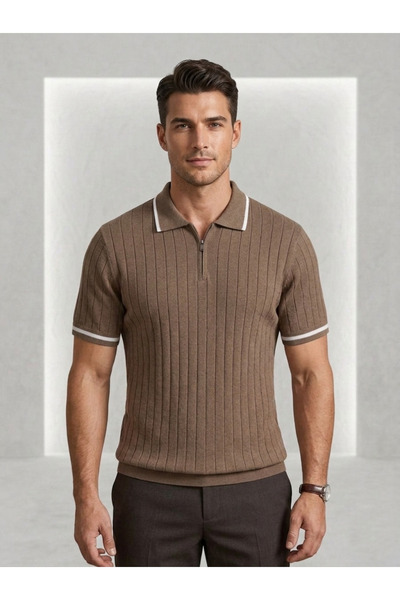 Jared Yakalı Şerit Çizgili Yarım Fermuar Triko Erkek Polo Yaka T-Shirt