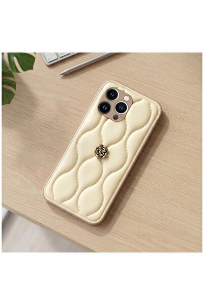 Zebana Apple iPhone 15 Pro Max Uyumlu Kılıf Zebana Camellia Deri Kılıf Bej