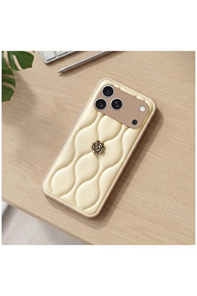 Zebana Apple iPhone 17 Pro Max Uyumlu Kılıf Camellia Deri Kılıf Bej