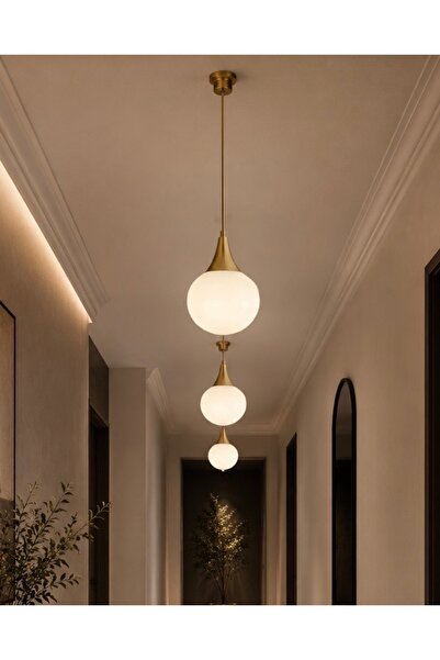 burenze Modern Beyaz Glop Camlı Avize Tekli Sarkıt Salon Oturma Odası Hol Antre Mutfak Avize Eskime Gold