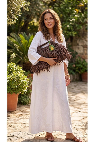 WOMANBAG PÜSKÜLLÜ ACI KAHVE HASIR EL YAPIMI CLUTCH ÇANTA(38x22cm)
