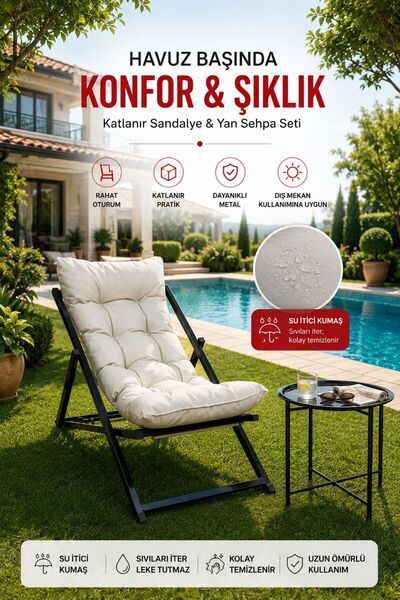 HASTUNÇ Minderli Katlanır Şezlong Seti Tekli + Sehpa | Bahçe Balkon Teras Kul...