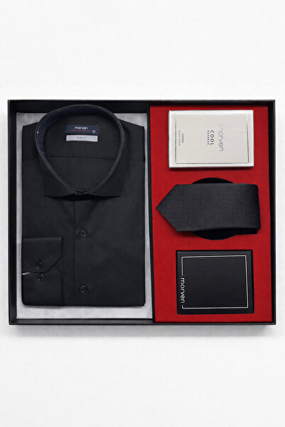 Morven Siyah Stil Slim Fit Hediye Kutulu Gömlek, Kravat, Parfüm Ve Cüzdan Set...