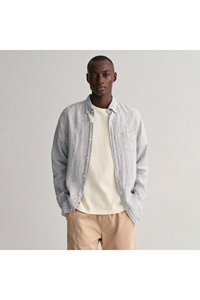 Gant Erkek Lacivert Regular Fit Çizgili Keten Gömlek