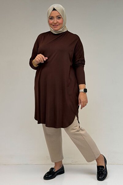 Eslina 38111 Büyük Beden Basic Penye Tunik - Kahve