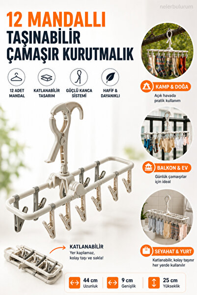 nelerbulurum 12 Mandallı Katlanabilir Rüzgar Kilitli Kancalı Çamaşır kurutma ...