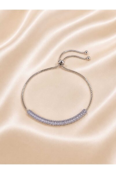 Jewelliss Rhodium Plated 4*2 mm Zircon Baguette Bracelet with Adjustable Chain