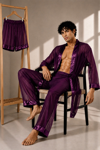 QMEN STYLE Men's Chiffon Kimono - Pajamas - Shorts Set
