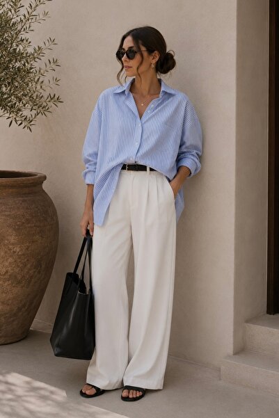 bb butik basic Γυναικείο ριγέ πουκάμισο oversized TR3435