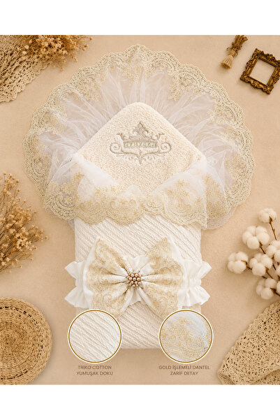 Tomuycuk Ecru Knitted Baby Swaddle - Cotton & Lace Newborn Baby Blanket