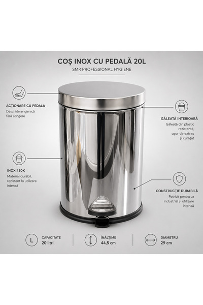 SMR Professional Hygiene Coș de gunoi din oțel inoxidabil cu pedală, 20 litri