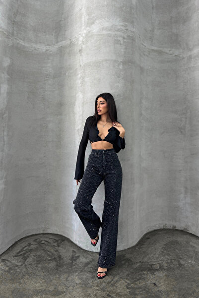 XRAY JEANS Women's Rhinestone Wide-Leg Black Palazzo Denim Trousers