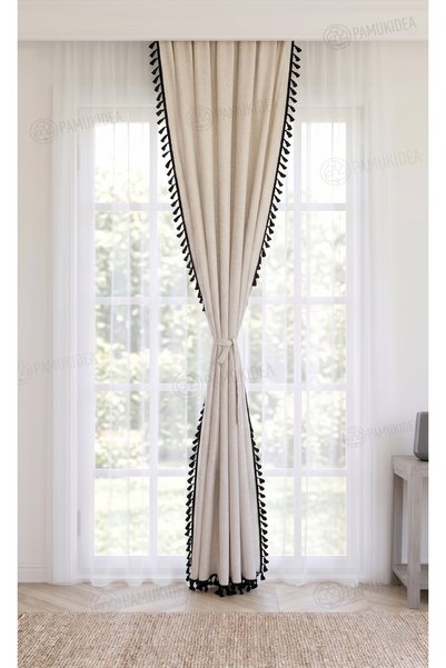 pamukidea Black Pompom - Tasseled 100% Cotton Buldan Linen Curtain - Single Wing - (En X Size)