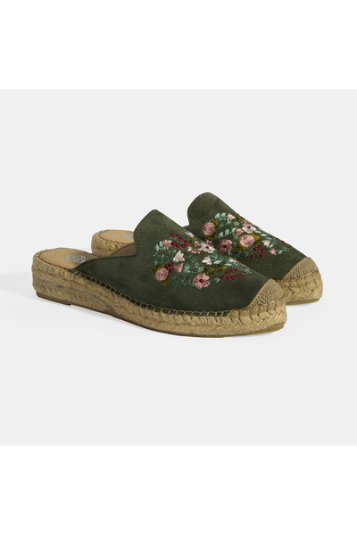 Desa Limited Edition Yeşil Kadın Çiçek Nakışlı Süet Espadril Terlik