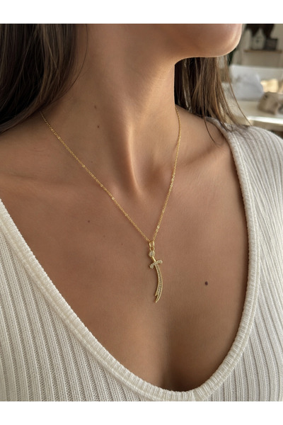 alias takı Zirkon taşlı Zülfikar kılıç figürlü Çelik kadın gold kolye