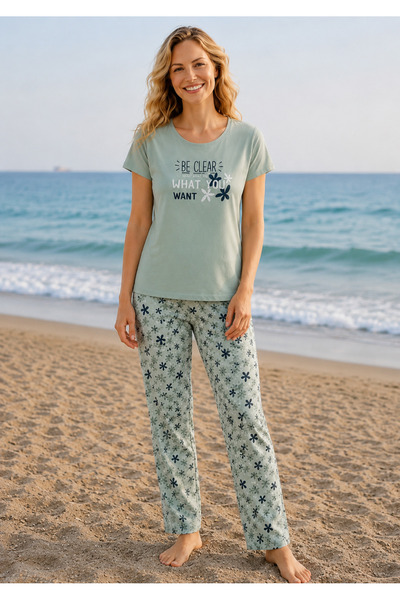 Tarık Women's Pajama Set Lycra Combed Cotton Soft Fabric Comfortable Fit Mint Green Floral Pattern