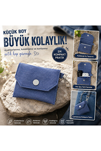 Tasarım Mavi Kot Kumaş Mini Cüzdan Kartlık El Yapımı Anahtarlıklı 11 X 8 cm