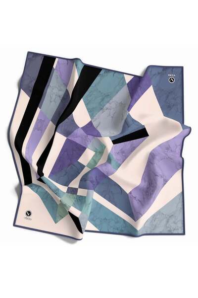 VİOLLA Twill Mermer Desenli İndigo Renkli 90x90 Eşarp (İpek İçermez) Kenar Di...