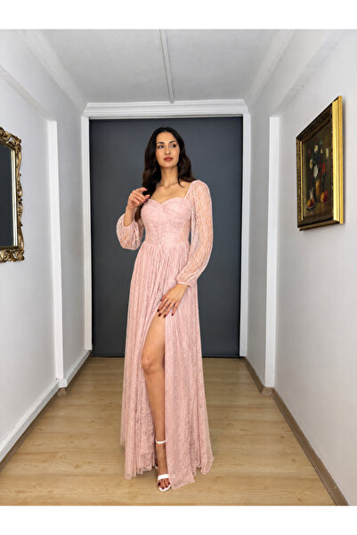 gökkuşagı moda Pudra Uzun Kollu Dantel Kare Yaka Yırtmaçlı Uzun Abiye Elbise