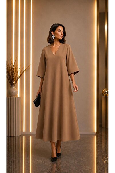 SERAVENZA COUTURE Maxi Boy Fakir Stylish Crepe Dress with Sleeveless V-Neck C...