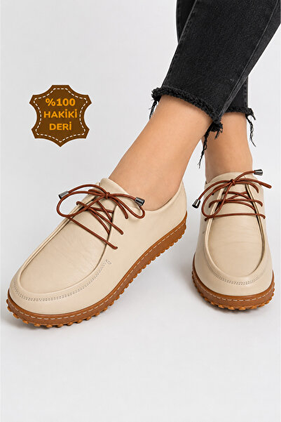 viderri Beige Genuine Leather Women's Casual Shoes Lace-Up Orthopedic Comfort...