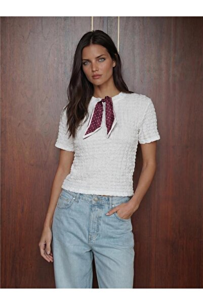 WeShaya White Knitted Stretchy Textured Short Sleeve Blouse with Scarf Detail...