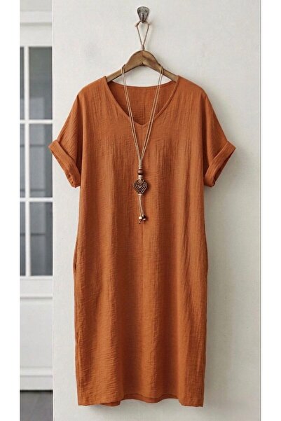 SİBELİZE Büyük Beden Camel Bohem Esintili Kendinden Kolyeli Salaş Elbise