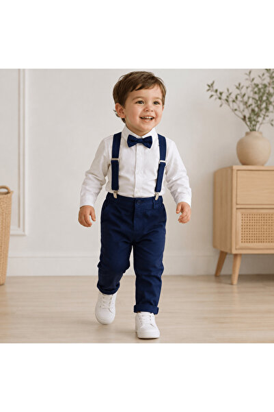 Kidohug Costum elegant baieti, Camasa alba, Pantaloni lungi cu bretale detasa...