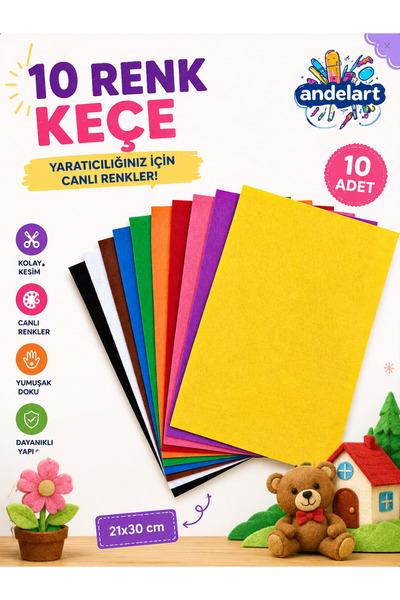 andelart Keçe A4 Renkli Keçe Karışık 10'lu 1 Paket 10 Adet