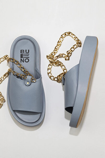 Bueno Shoes Μπλε Δερμάτινες Γυναικείες Παντόφλες Flat 01wu4637