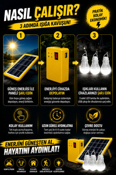 nelerbulurum PANELLİ SOLAR LAMBA 3 AMPULLÜ POWERBANK ÖZELLİKLİ ŞARJ SEVİYE GÖSTERGELİ AKÜLÜ SOLAR IŞILDAK FENER