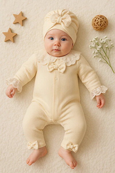 CNDR 3-9 Months Lace Collar Baby Girl Romper with Hat Cream