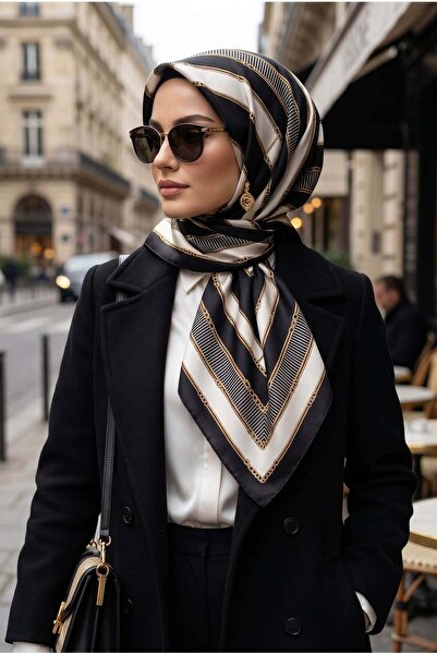 Vissona %100 Twill İpek Zincir Detaylı Geometrik Desenli Siyah - Krem Renkli ...